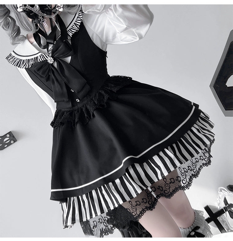 Jirai Kei Dress Set Sailor Collar Shirt And Black Vest Dress 41300:690670