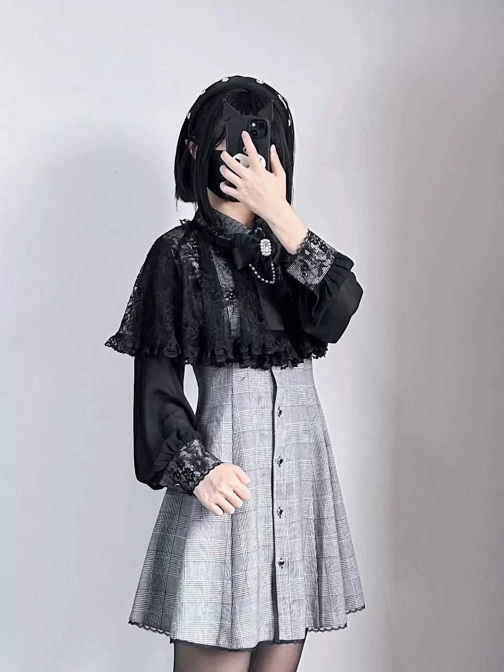 Jirai Kei Dress Lace Cape Dress Chiffon Long-sleeved Dress (L M S XS) 39730:634426