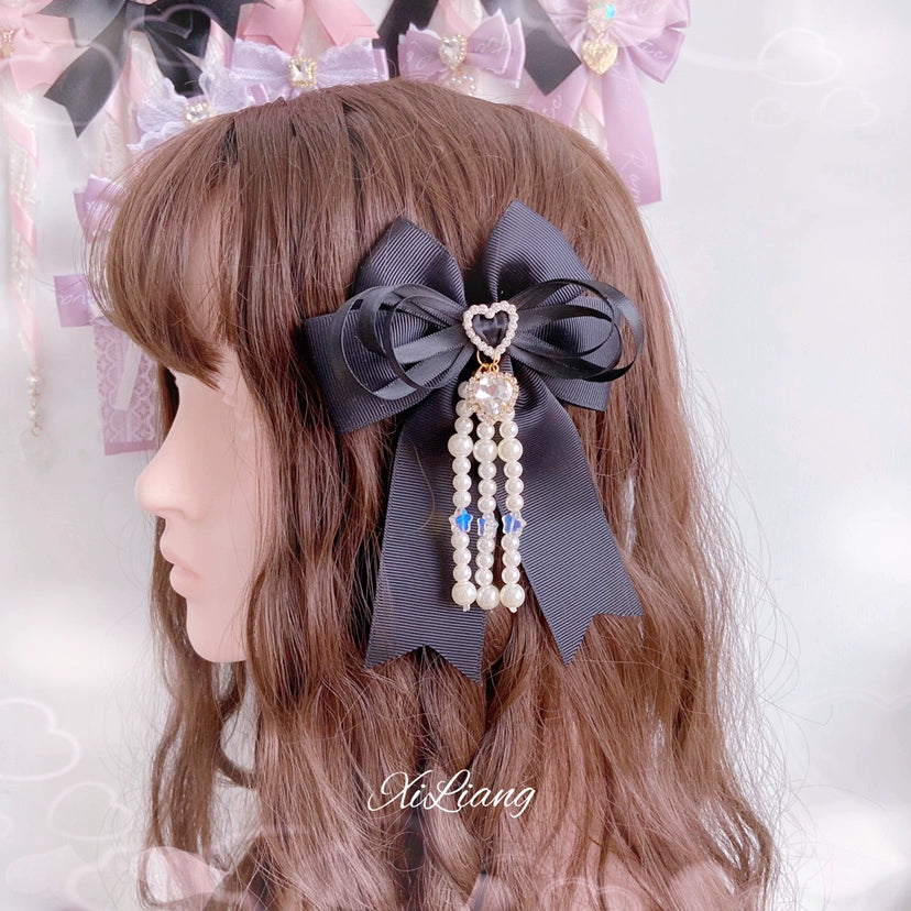 Jirai Kei Black Hair Clip Heart Rhinestone Bow Hair Clip 33798:449914 33798:449914