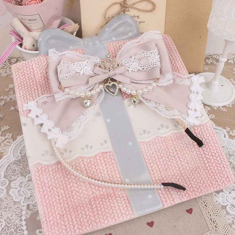 Jirai Kei Pearl-edged Headband, Crown & Heart Rhinestone 45073:833621
