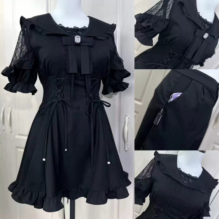 Jirai Kei Dress Sailor Collar Black Dress Slim Fitting Dress Set 38730:599306