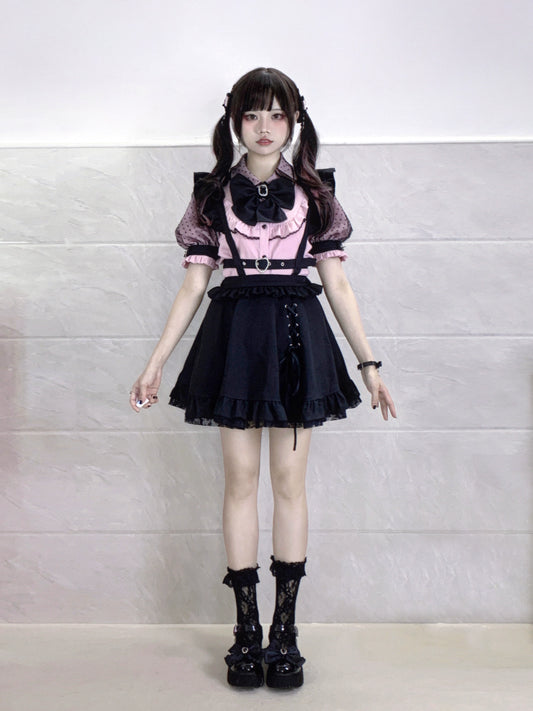 Jirai Kei Pink Blouse With Black Lace Puffy Sleeves (L M S XL / Pink) 21992:326176