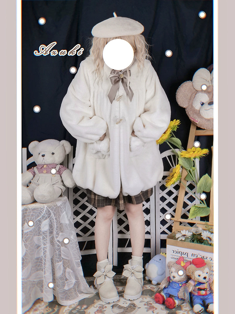 Kawaii Beige Winter Coat Bunny Fur Toggle Coat 22762:353512 22762:353512