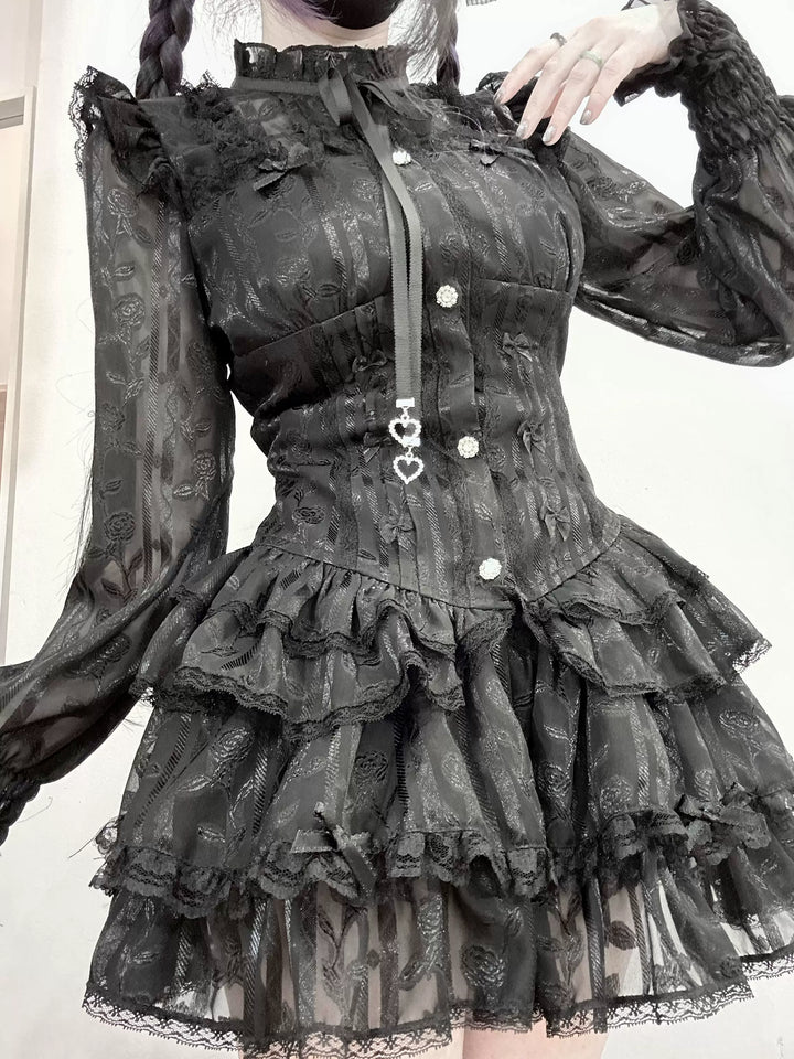 Jirai Kei Blouse & Bloomers Set, Ruffled Stand Collar 44959:831577