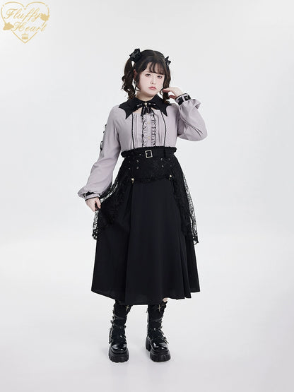 Jirai Kei Black Skirt Double Layer Long A-line Skirt 31468:366446