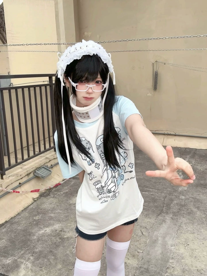 Yami Kawaii Cotton T-Shirt with Angelic Nurse Print 42852:755350