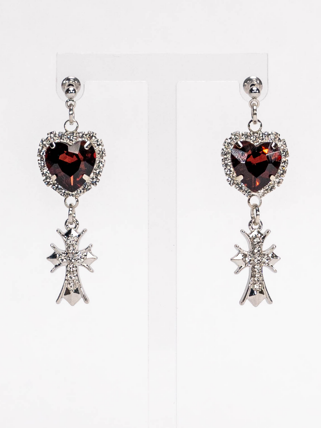 Jirai Kei Heart-Shaped Rhinestone Cross Earrings 21626:310024