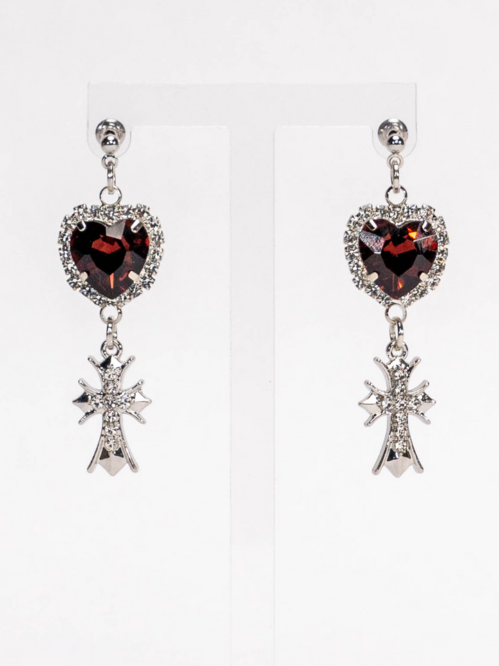 Jirai Kei Heart-Shaped Rhinestone Cross Earrings 21626:310024 21626:310024