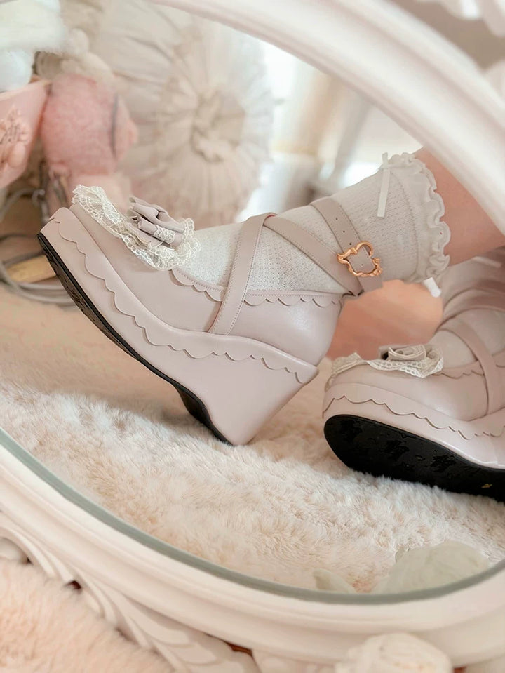 Sweet Lolita Wedge Shoes, Heart & Bow Details 45951:872517