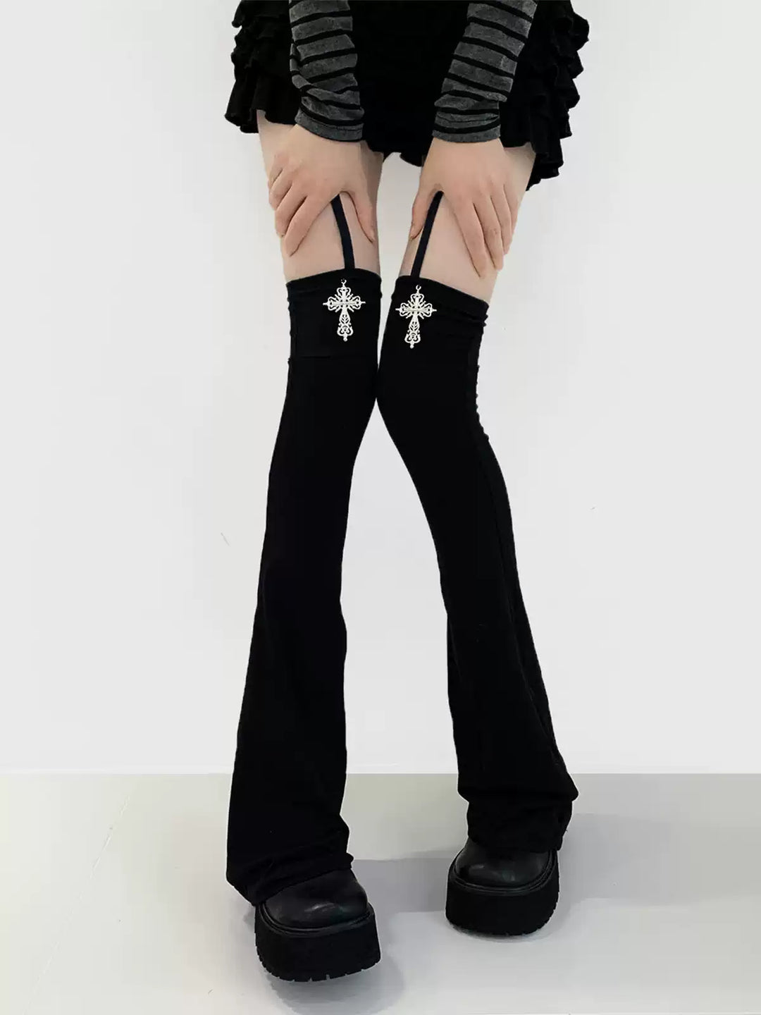 Gothic Cross Garter Leg Warmers, Over-the-Knee (Black) 46034:873885