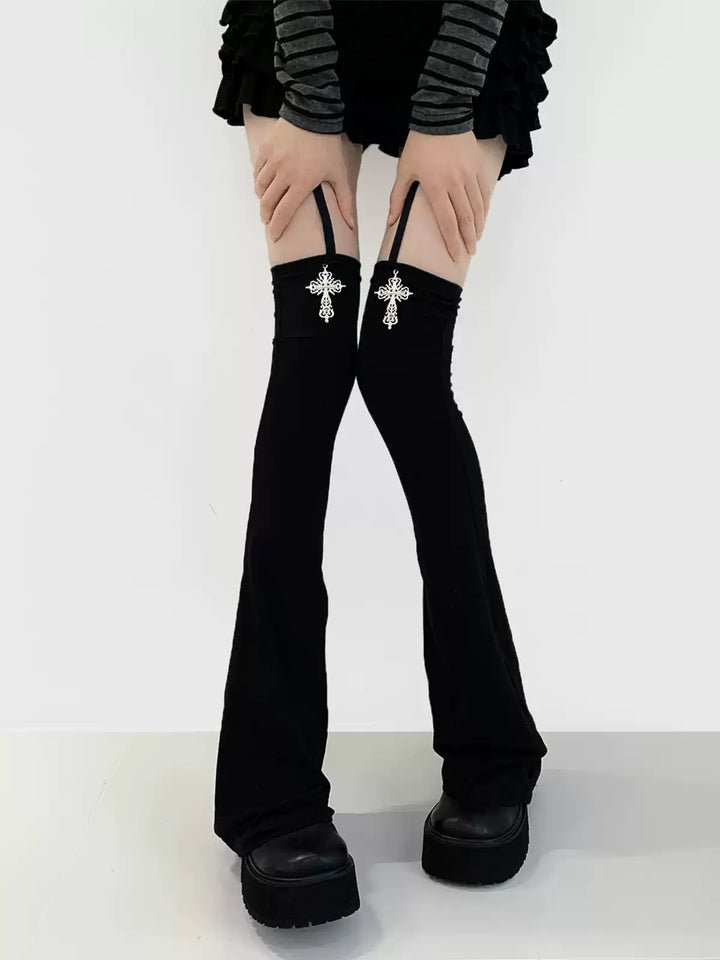 Gothic Cross Garter Leg Warmers, Over-the-Knee (Black) 46034:873885