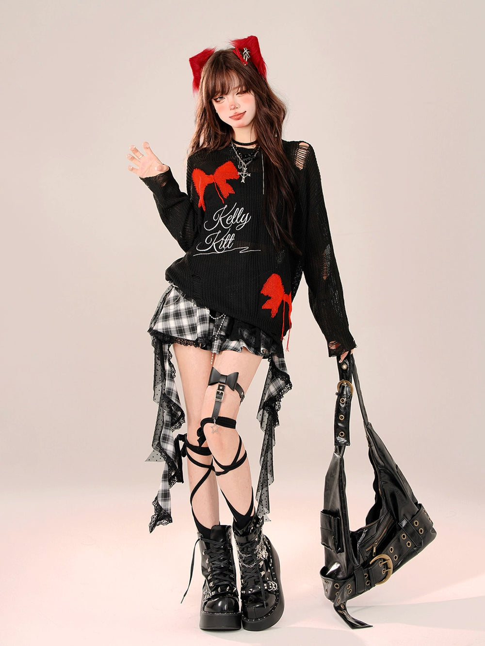 Gyaru Skirt Black Plaid Irregular Polka Dot Mesh Skirt 41996:721976