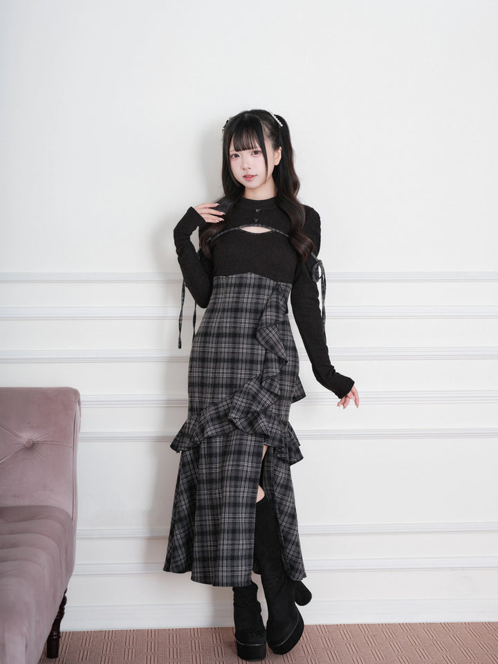 Jirai Kei Plaid Dress, Chest Cutout & Flounce Slit Hem 45956:869331