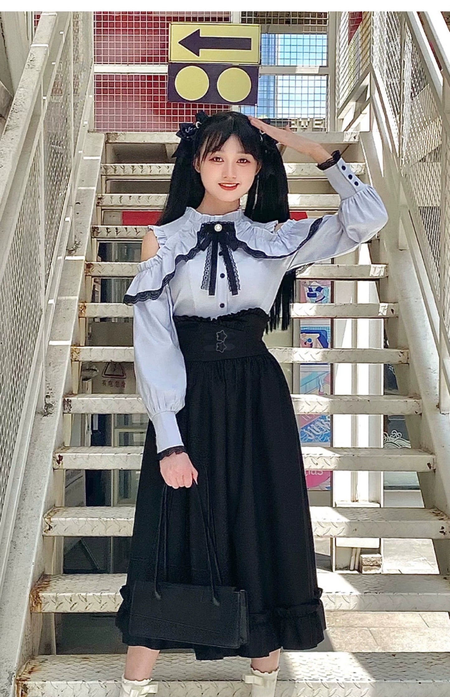 Jirai Kei Blue Long Sleeve Blouse Black Skirt 29514:353408