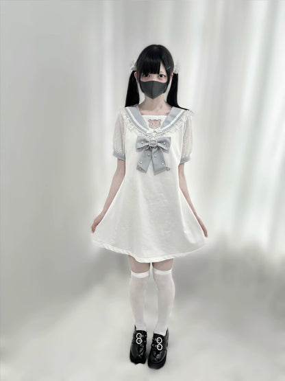 Jirai Kei Dress Pearl Embroidered Dress Short Sleeve Dress 37648:568052