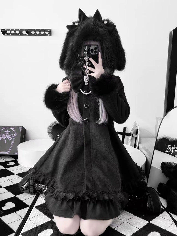Wool-Blend Jirai Kei Coat, Bunny Ear Hood and Bows 44013:793016