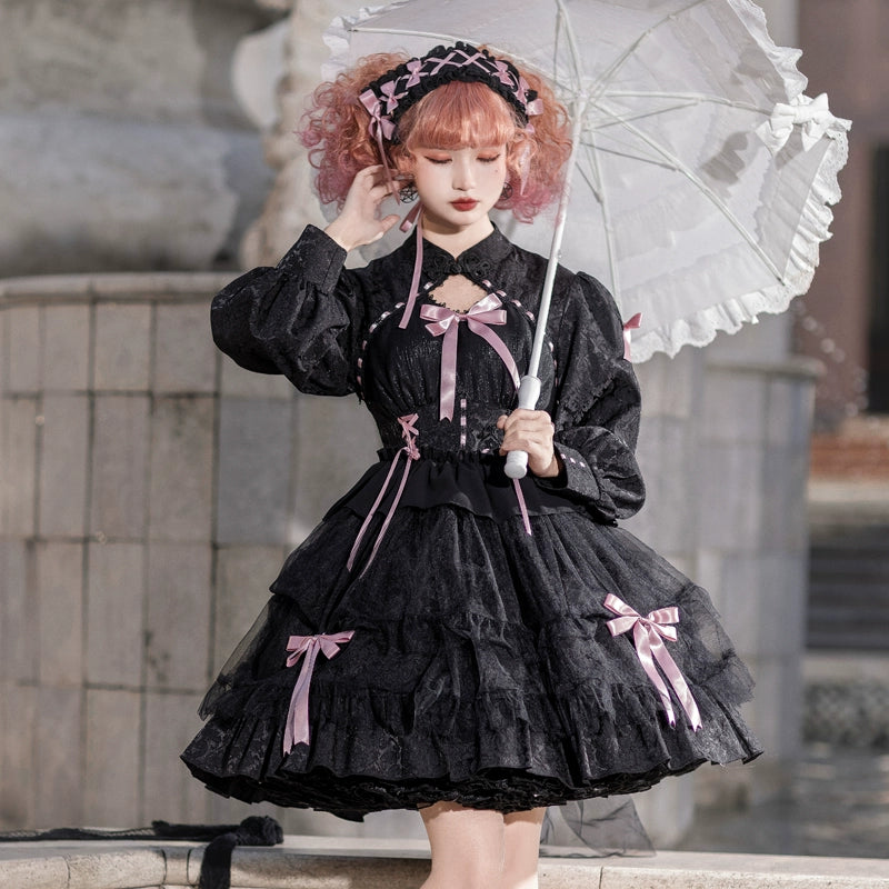 Classic Lolita Dress With Tieried Skirt Hem And Bows Detail 32086:381910