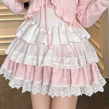 Ryousangata Skirt Set Pink Cardigan White Straps Top (Skirt / L M S XS) 37008:548364