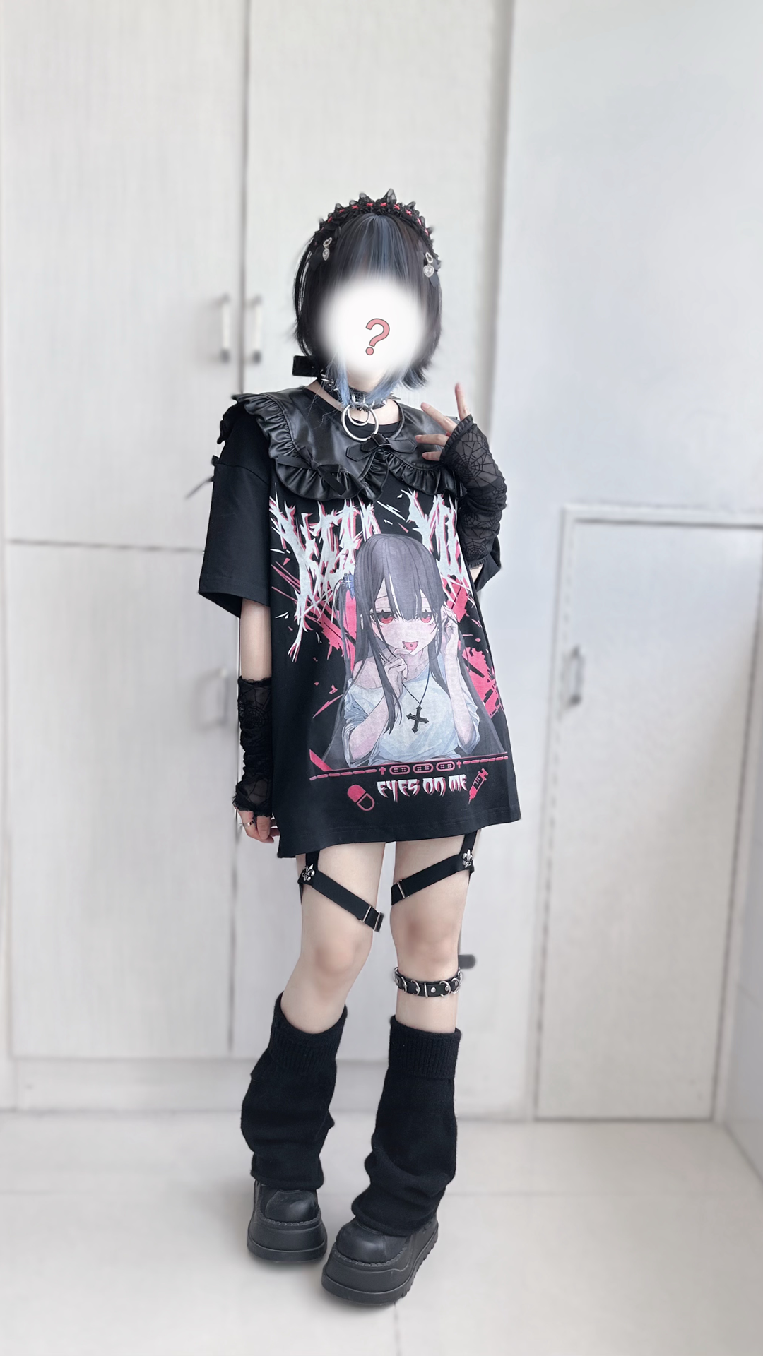 Jirai Kei T-shirt Black Cotton T-shirt Girl Print 38876:608272