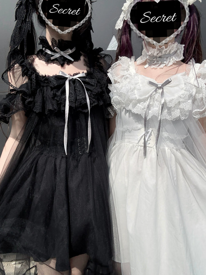 Jirai Kei Open Shoulder Dress, Detachable Tulle Overlay 45341:846478