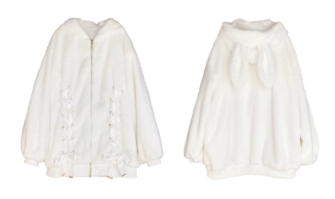 White Jirai Kei Plush Coat Ryousangata Ribbon Bowknot Jacket (M) 33306:446264 (M) 33306:446264