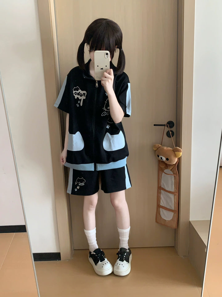 Cat Printed Kawaii Outfit, Zip Up Sweatshirt + Pocketed Shorts 43561:779958