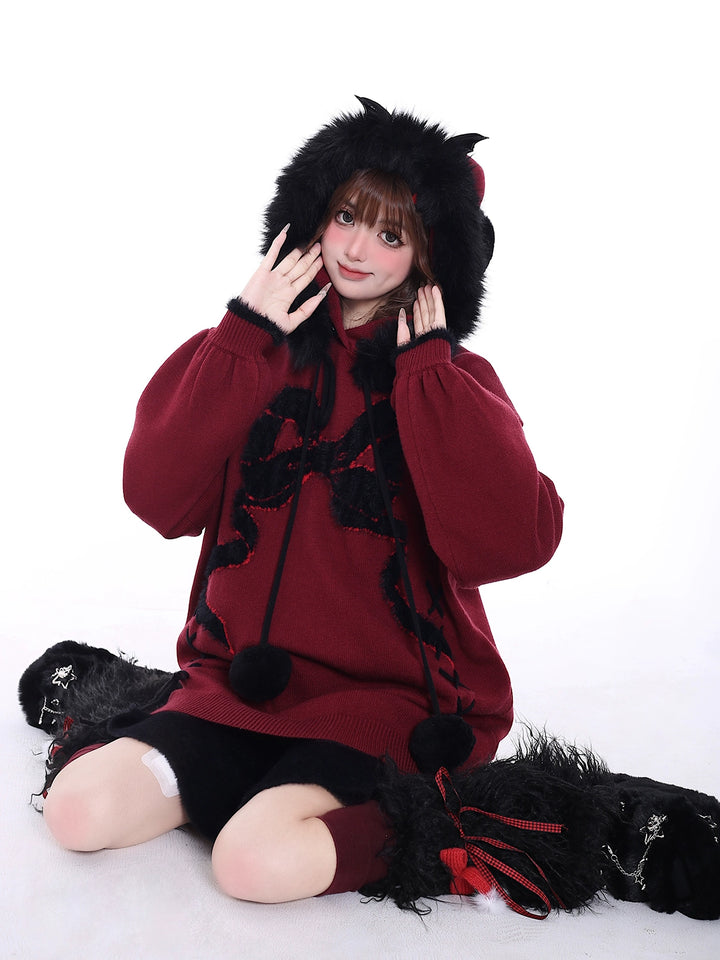 Yami Kawaii Sweater Bow Black Red Hoodie Detachable Collar 39556:639656