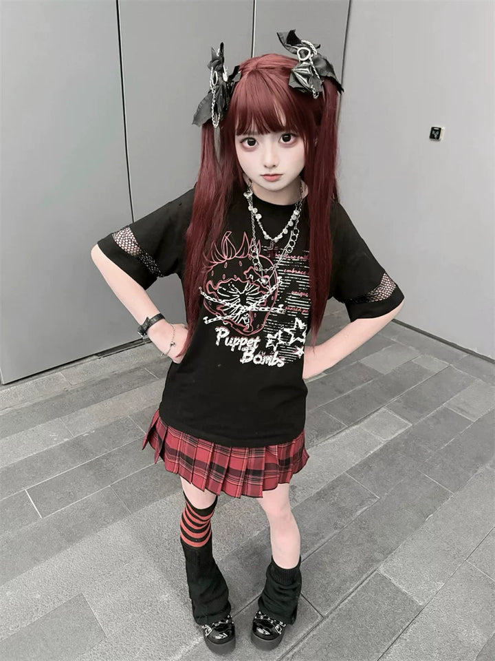 Punk Strawberry and Chain Print T-shirt, Red Plaid Skirt 45365:851384