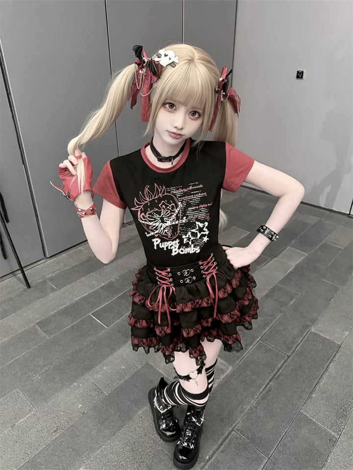 Punk Strawberry and Chain Print T-shirt, Red Plaid Skirt 45365:851383