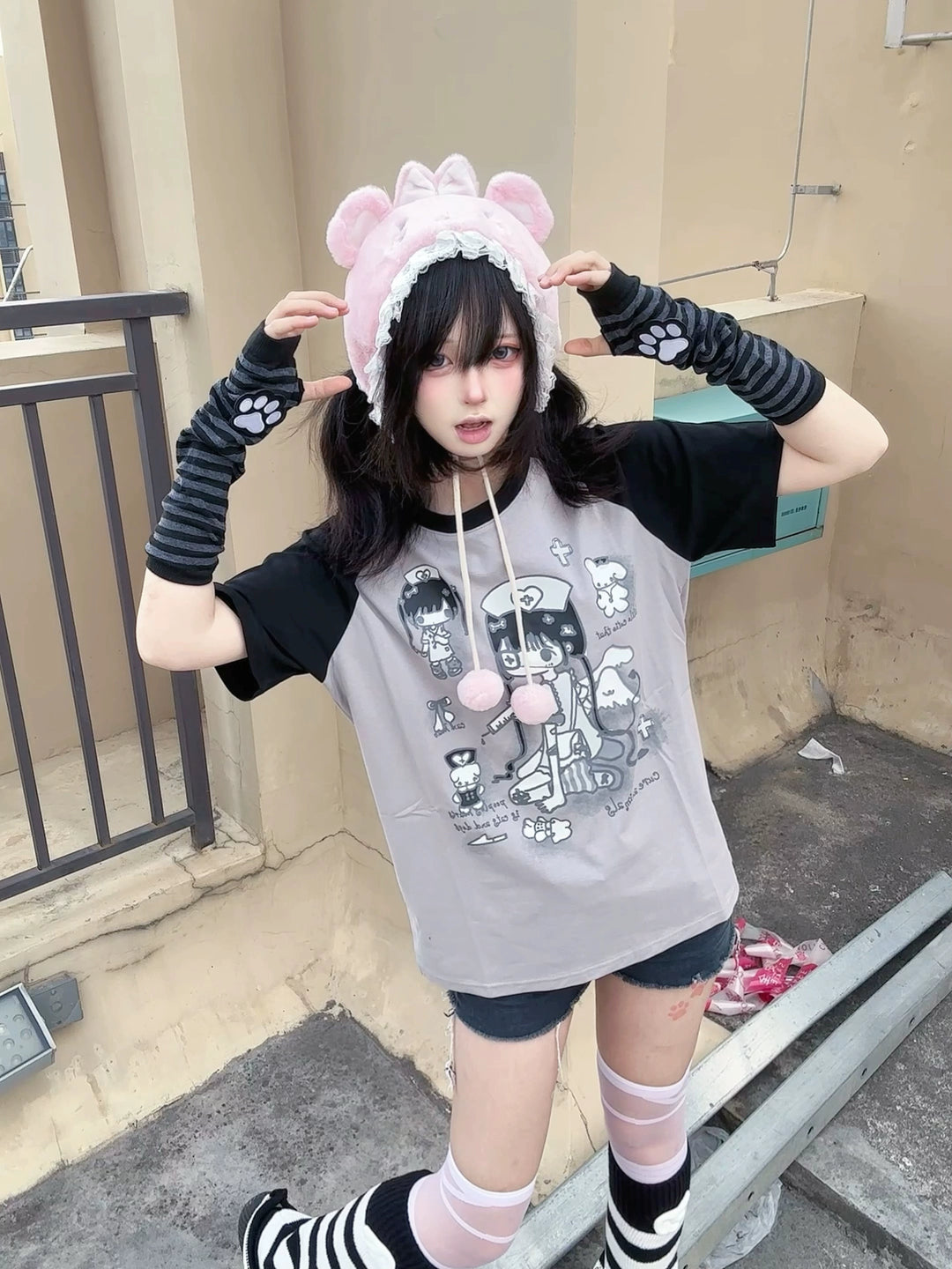 Yami Kawaii Cotton T-Shirt with Angelic Nurse Print 42852:755346
