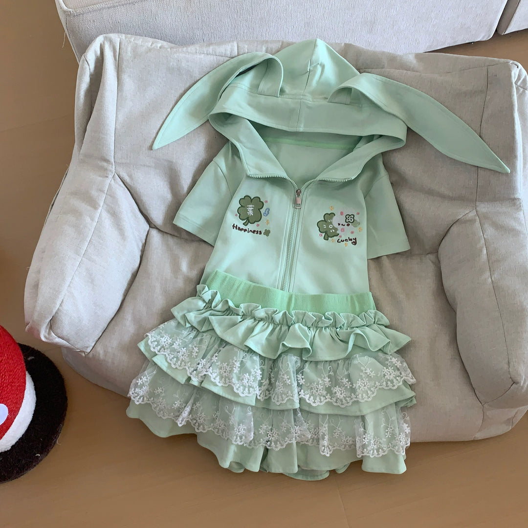 Bunny Eared Kawaii Outfit, Zip-Up Sweatshirt + Lace Skirt (L M S) 43558:779755