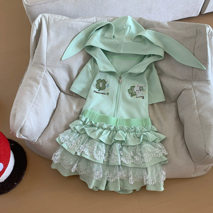 Bunny Eared Kawaii Outfit, Zip-Up Sweatshirt + Lace Skirt (L M S) 43558:779755