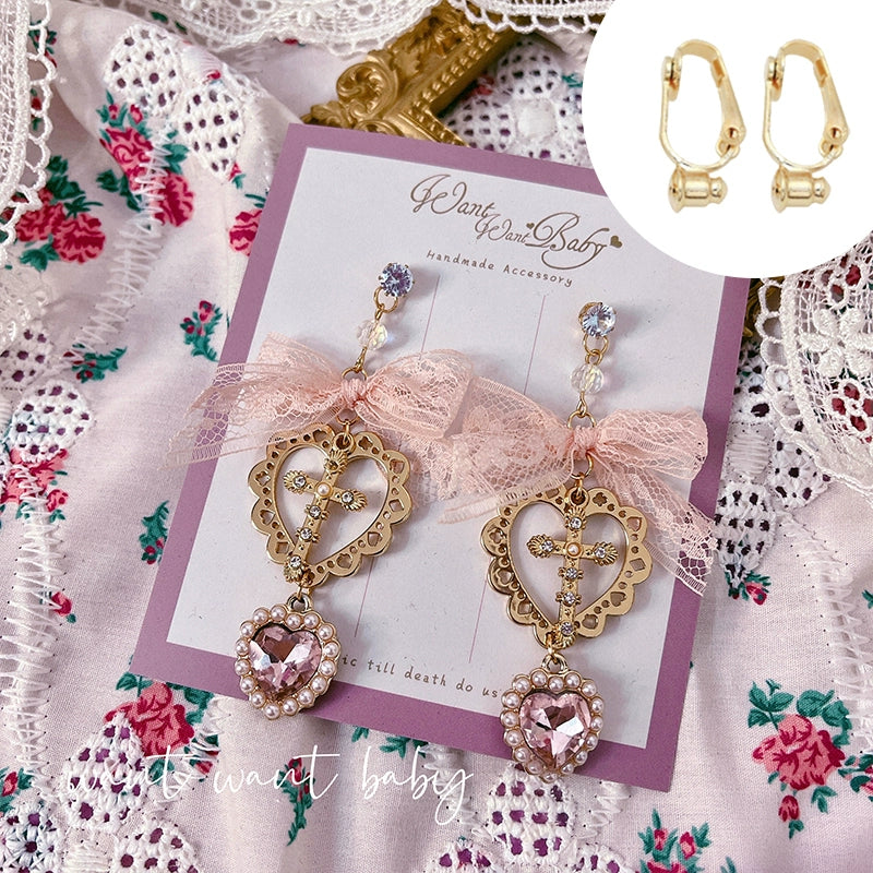Jirai Kei Earrings Pink Black Lace Heart Cross Studs 35632:543618