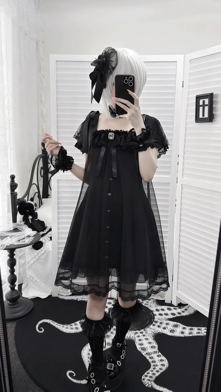 Jirai Kei Tulle Overlay Dress, Square Neckline 45558:855509