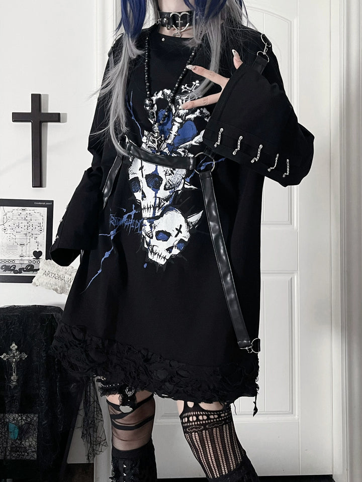 Gothic Printed Long Sleeve Tee, Detachable Strap 44336:804663
