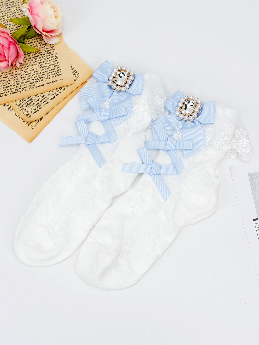 Kawaii Jirai Kei Ribbon White Black Lace Socks 21588:309924 21588:309924