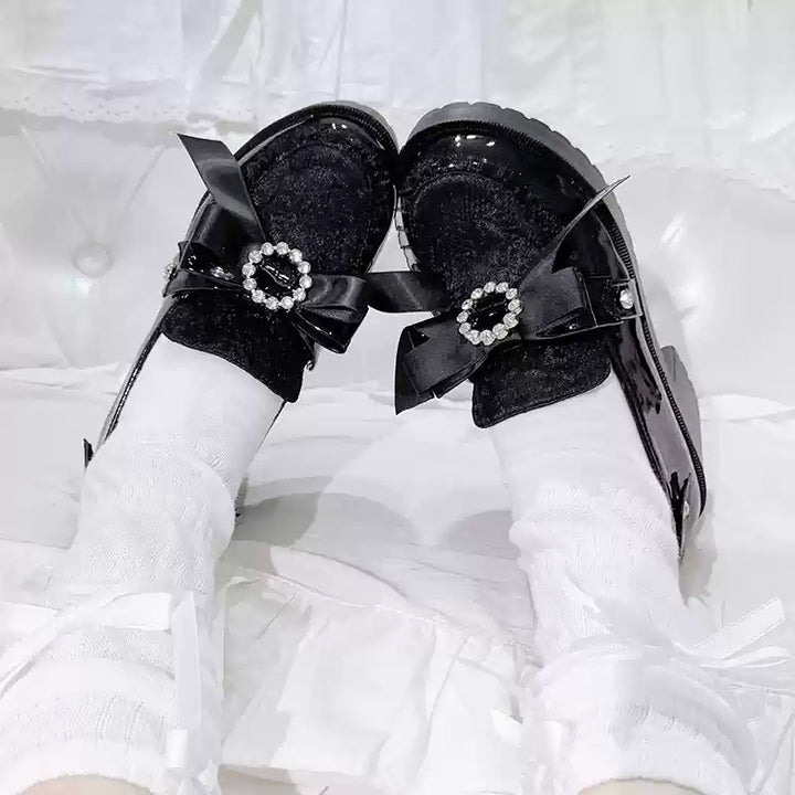 Jirai Kei Shoes Ryousangata Platform Shoes With Ribbon Rhinestone 41558:703854