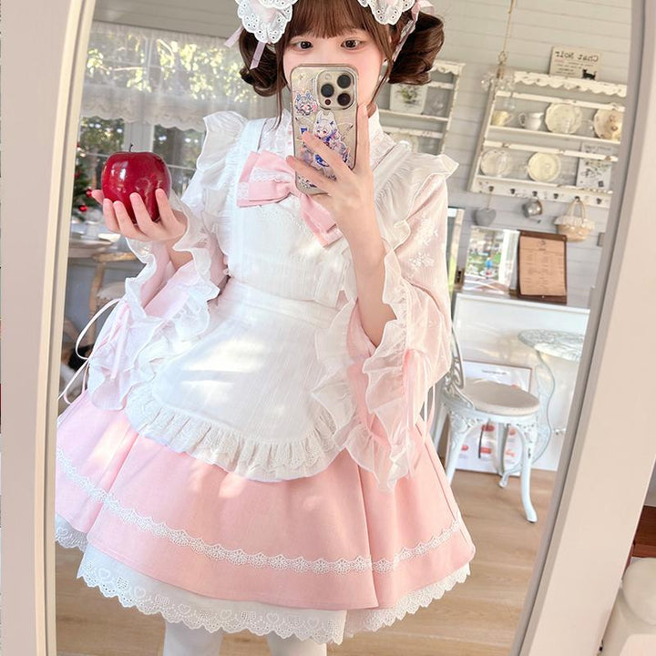 Kawaii Outfit White Maid Blouse And Pink Skirt With Apron 42283:734792