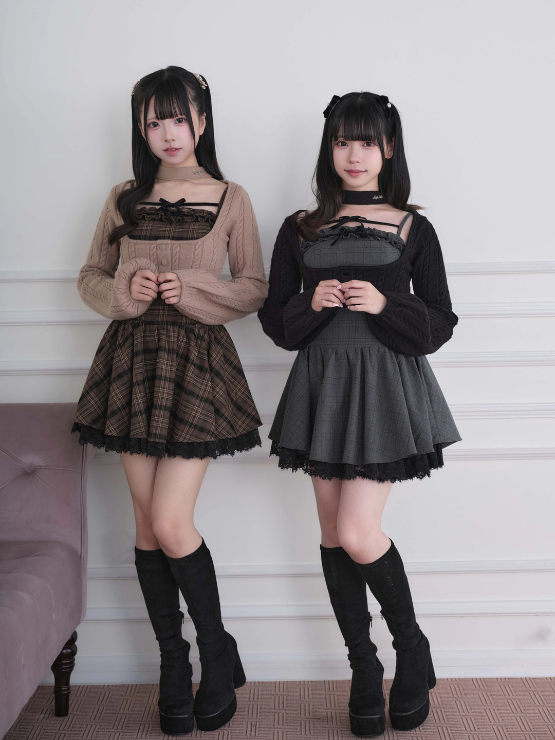 Ryousangata Plaid Dress & Knit Sweater Set, Choker-Neck 46032:873332