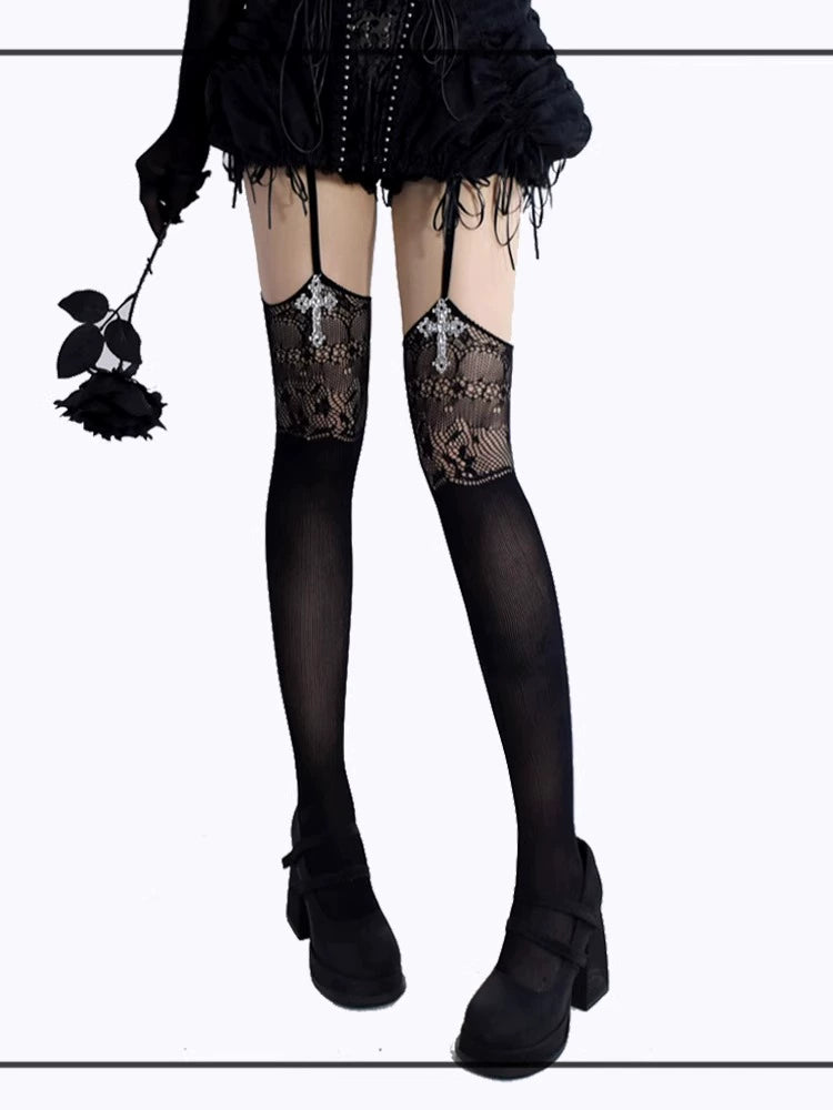 Gothic Garter Stockings, Cross Pendant + Lace Cutout 43654:782618
