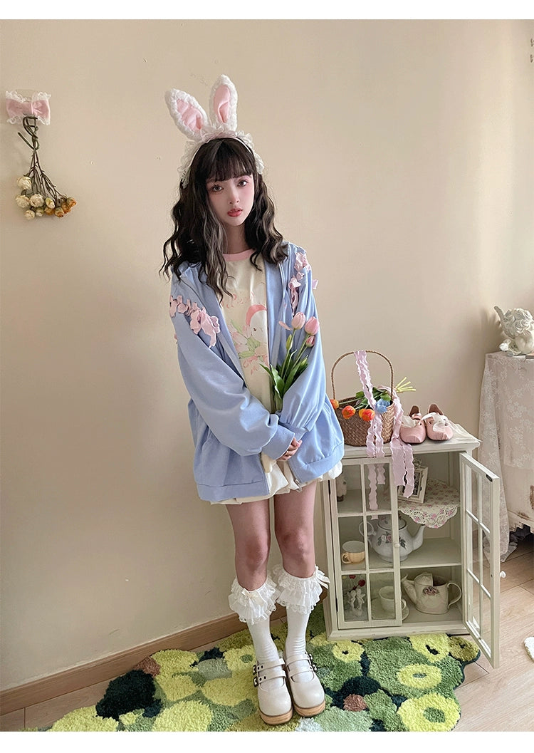 Pastel Oversized Hoodie Blue Apricot Bunny Ears Sweatershirt 22656:344286 22656:344286