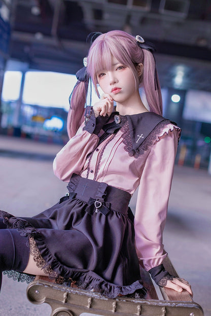 Jirai Kei Set Black Pink Sailor Collar Blouse Cross Skirt 37666:564512