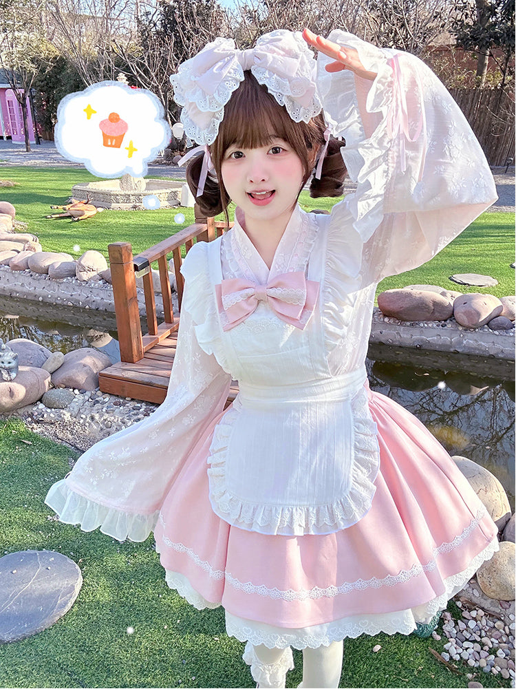 Kawaii Outfit White Maid Blouse And Pink Skirt With Apron 42283:735236