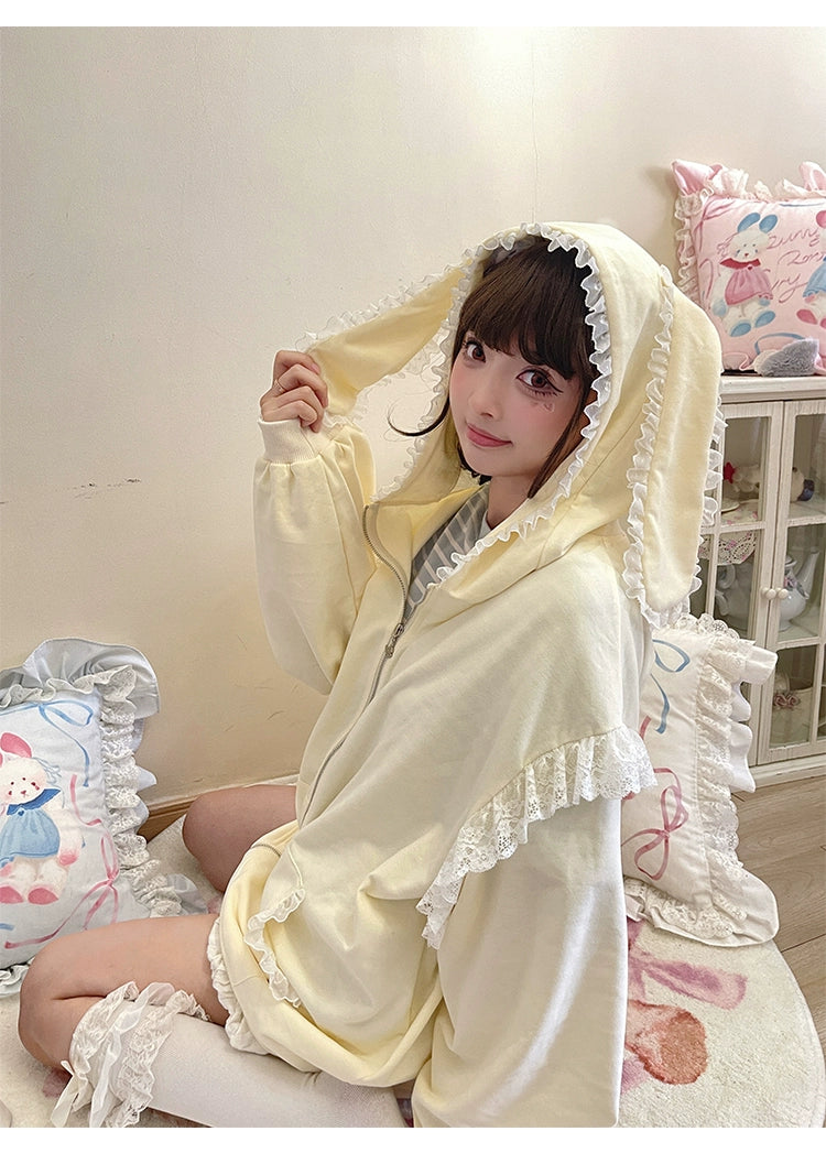 Fairy Kei Bunny Ears Hoodie Lace Coat Multicolor (Cream) 22654:345486 (Cream) 22654:345486