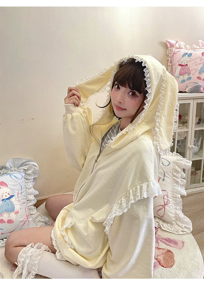 Fairy Kei Bunny Ears Hoodie Lace Coat Multicolor (Cream) 22654:345486