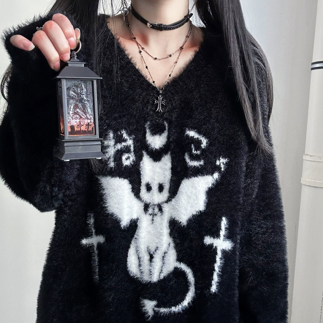 Yami Kawaii Sweater Devil Cat Black Loose Warm Top 39738:640308