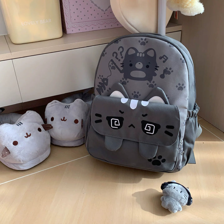 Kawaii Gray Canvas Backpack, Cat Print & Embroidery 45723:862434
