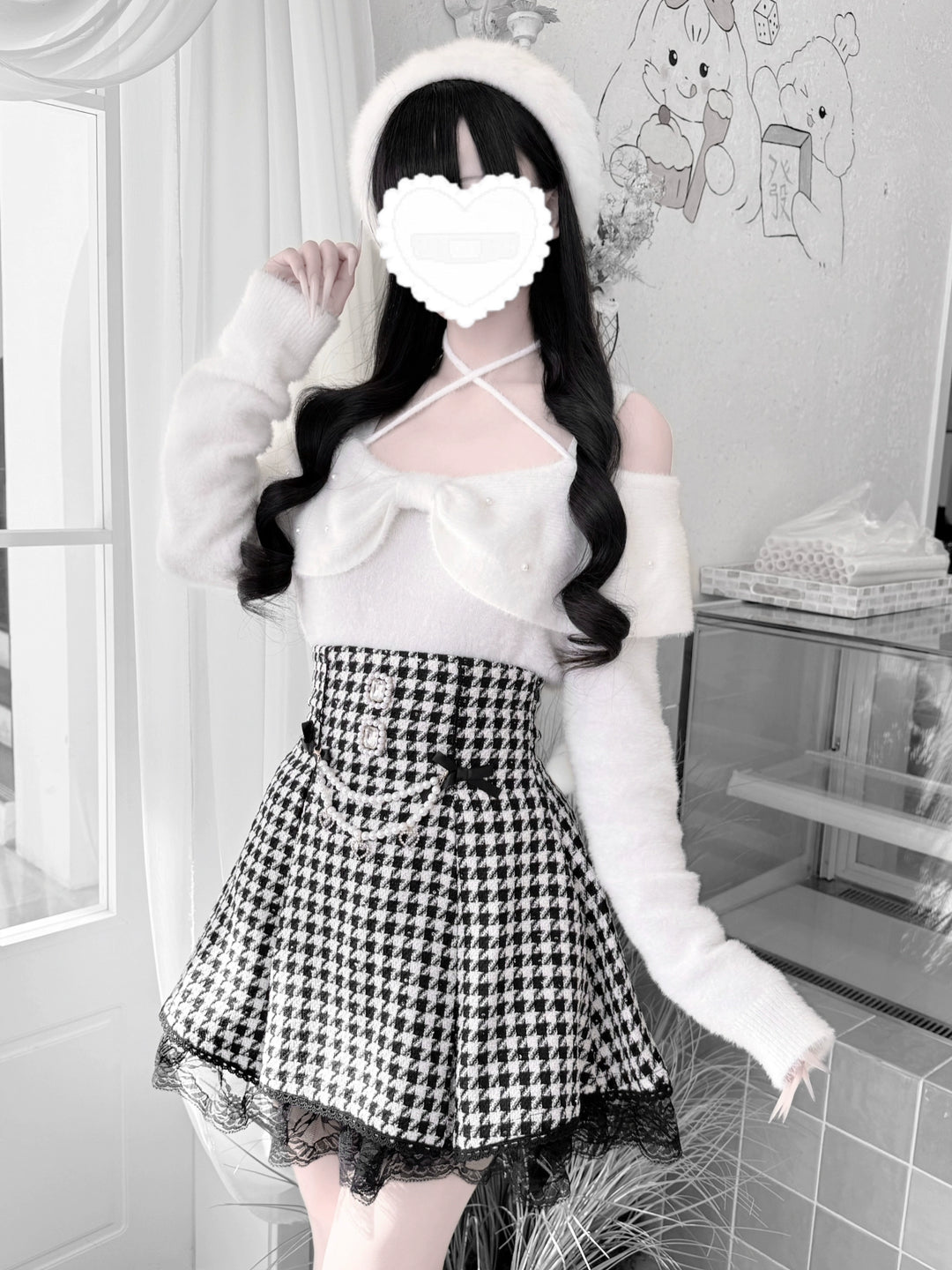 Jirai Kei Open-Shoulder Sweater, Faux Mink Plush 44156:797398