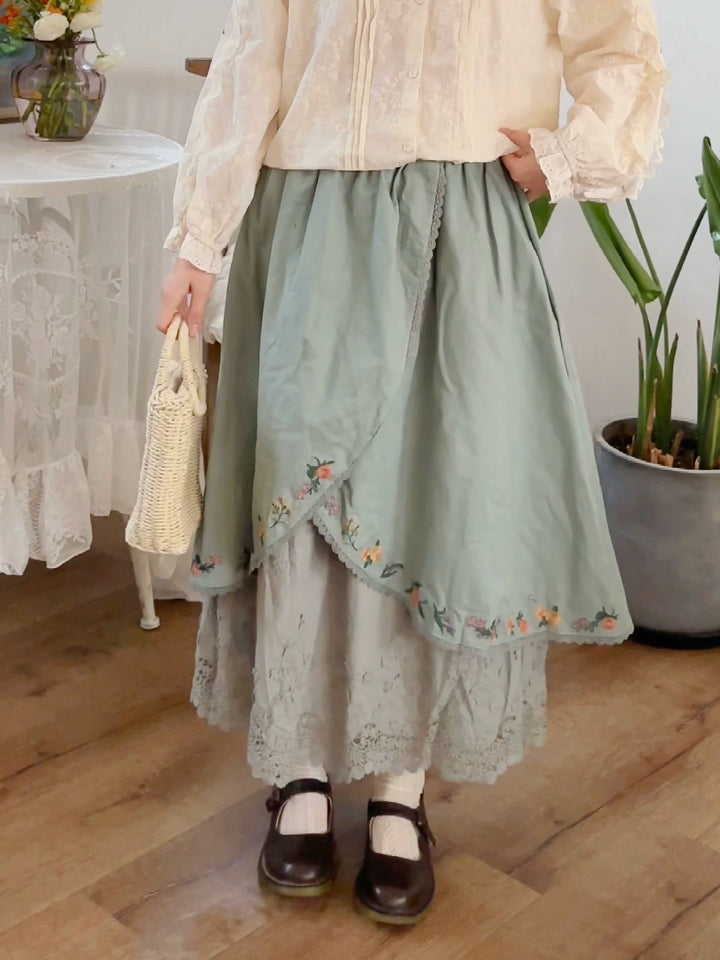 Mori Kei Skirt Sweet Retro Linen Embroidered Long Skirt 41802:714144