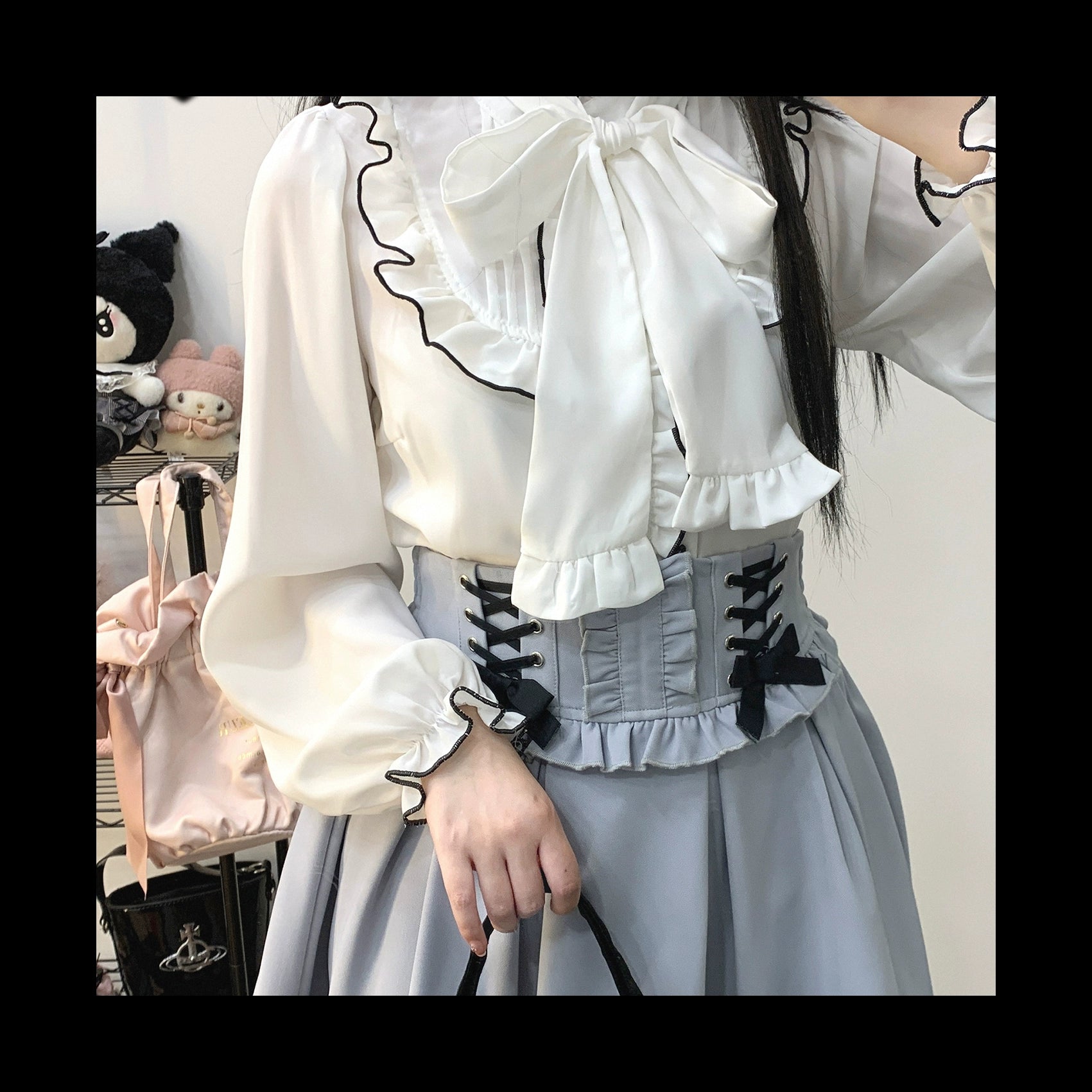 Jirai Kei White Black Blouse Lace Standing Collar Long Sleeved Shirt 31852:372690